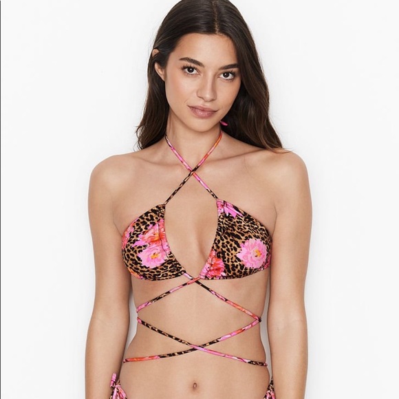 VS Floral Leopard Wrap Strap Tie Triangle Bikini Matching Set Top Bottoms - Picture 3 of 14